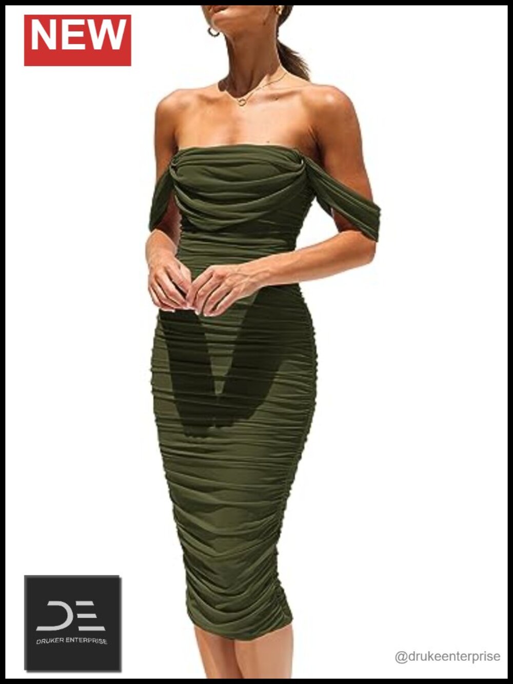 Off Shoulder Bodycon Midi Dress Ruched Mesh Cocktail Party